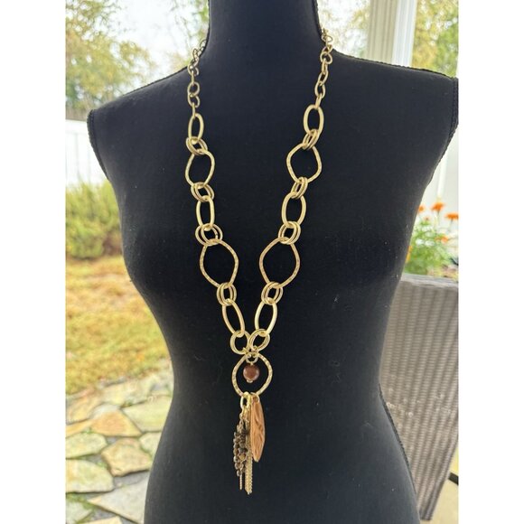 Chicos Gold Tone 20" Long Brown Bead Chain Tassel Statement Necklace NEW - Picture 4 of 16